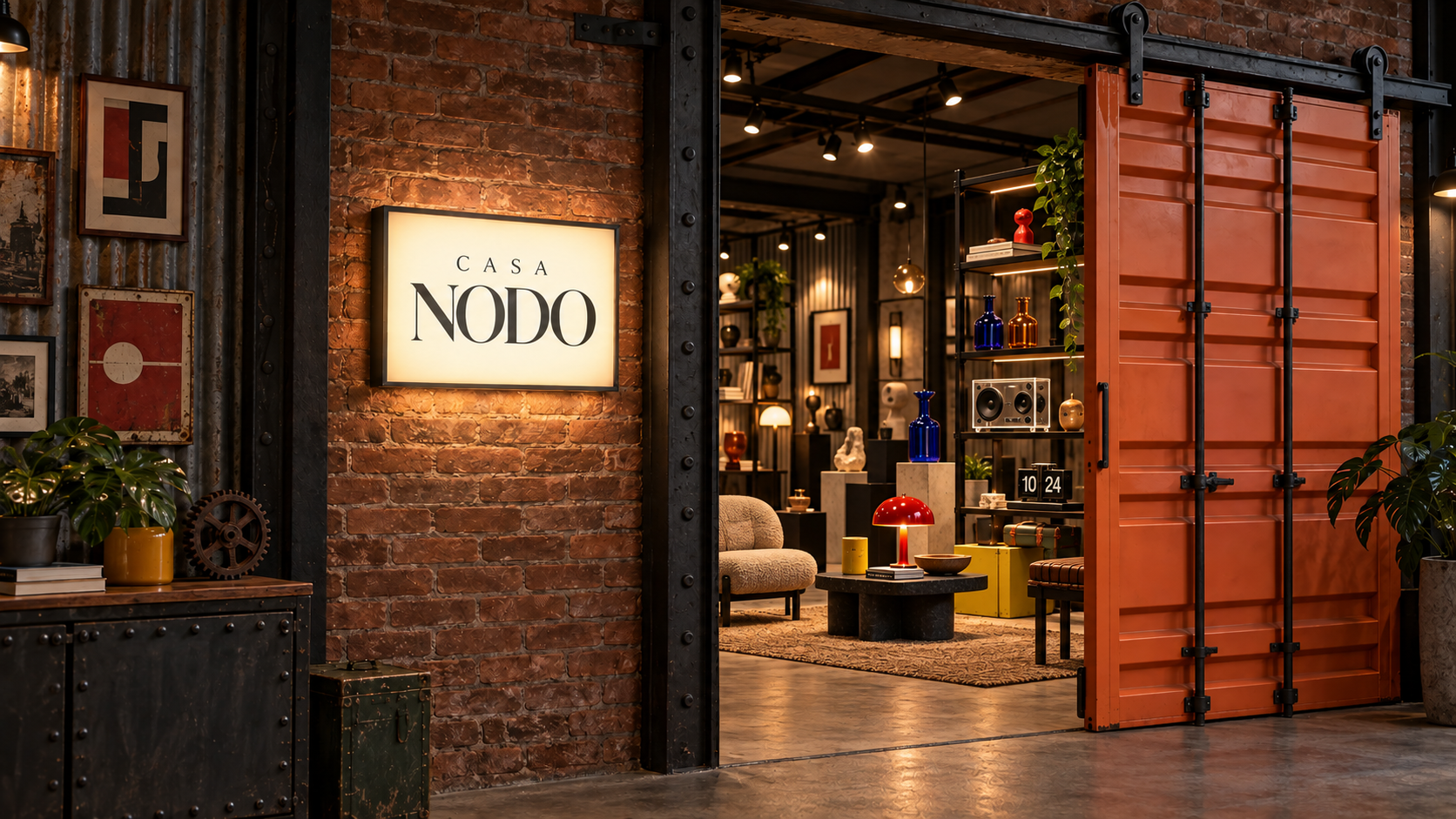 Showroom industrial da Casa Nodo com luminoso quadrado, estrutura de aço preto, tijolo, porta laranja e produtos expostos